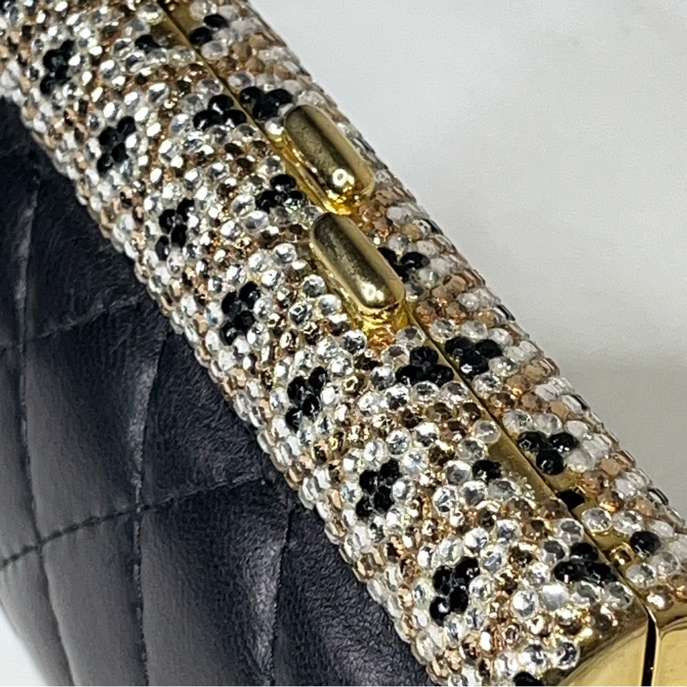 90s Beaded Rhinestone Clasp Quilted Black Leather Mini Bag Purse Chain Strap - Picture 3 of 16